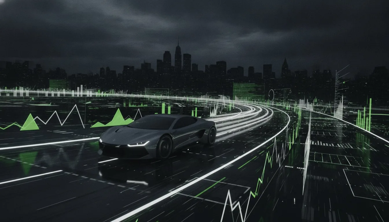 Performance web design visualised: a dark car on a wet New York road at night with green and white performance graphs rising from the asphalt