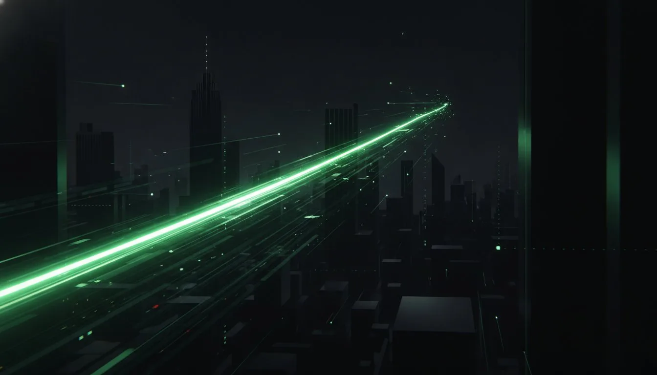 Small business web design in NYC: a bright green data trail cutting through a dark New York skyline, showing how a site turns searches into enquiries