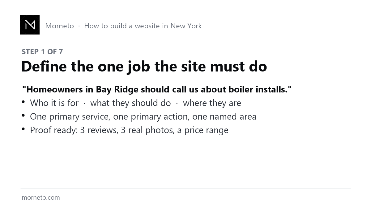 Step 1 to build a website in New York: define the one job the site must do, with a one-sentence brief example