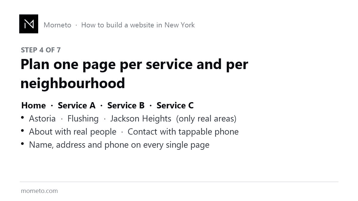Step 4 to build a website in New York: plan one page per service and per neighborhood