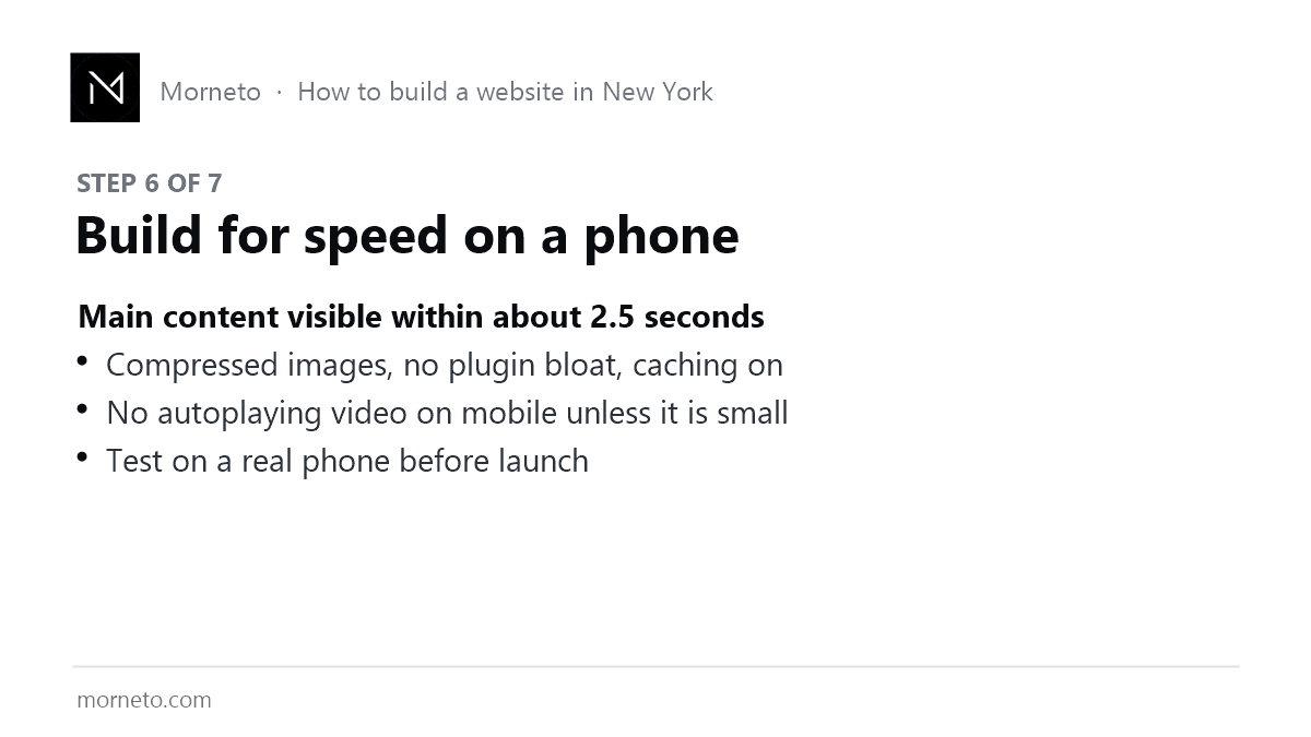 Step 6 of 7: mobile speed targets, main content within 2.5 seconds, compressed images and caching