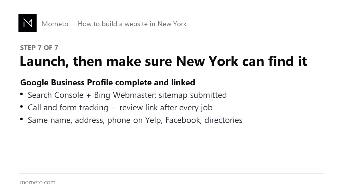 Step 7 to build a website in New York: launch with Google Business Profile, Search Console, tracking and reviews