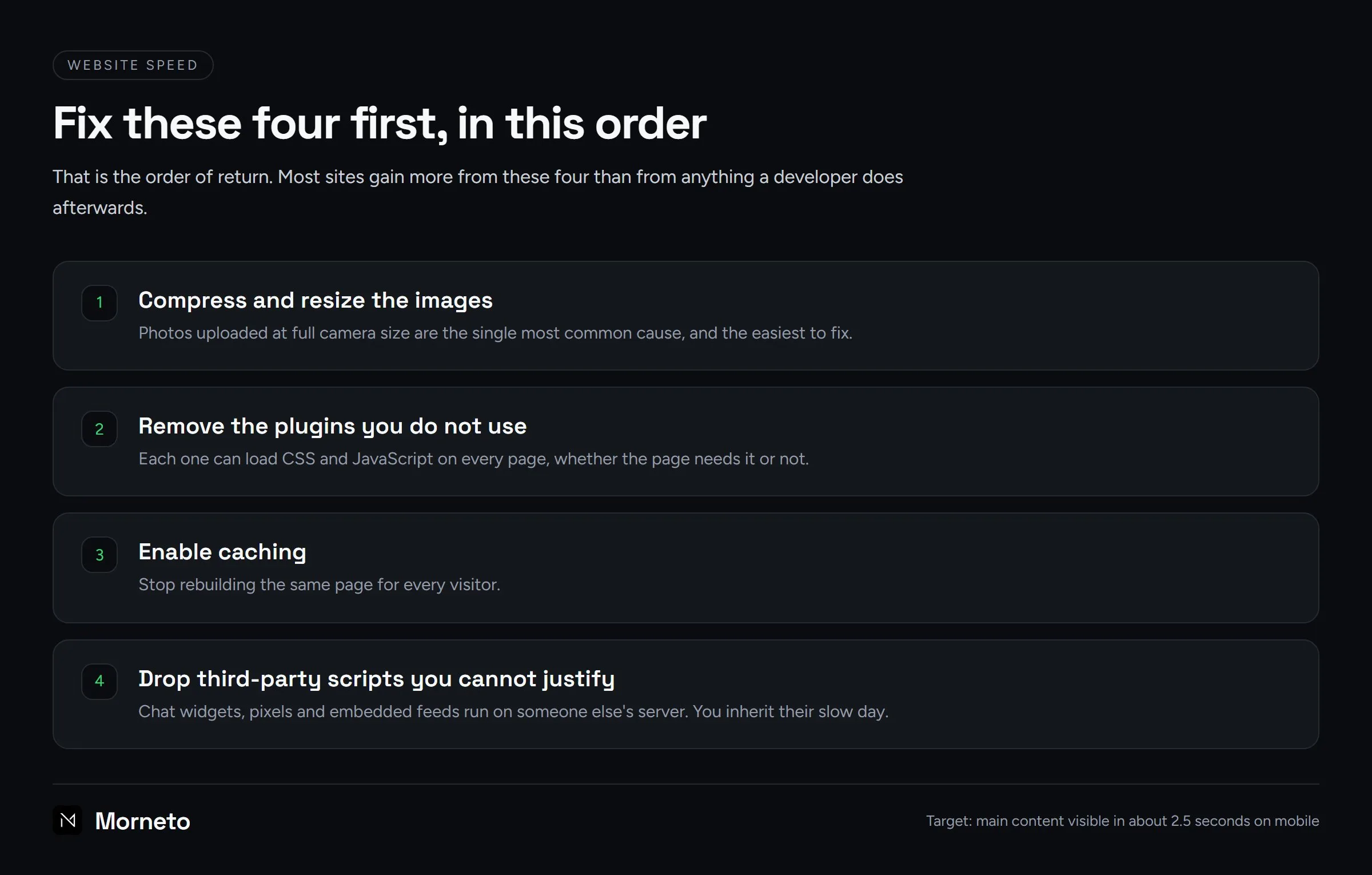 Website speed fix order: compress and resize images, remove unused plugins, enable caching, then drop third-party scripts