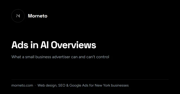 Ads in AI Overviews and AI Mode: guide card from Morneto, New York