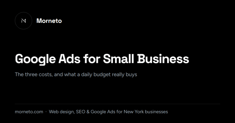 Google ads for small business cost guide card from Morneto, New York