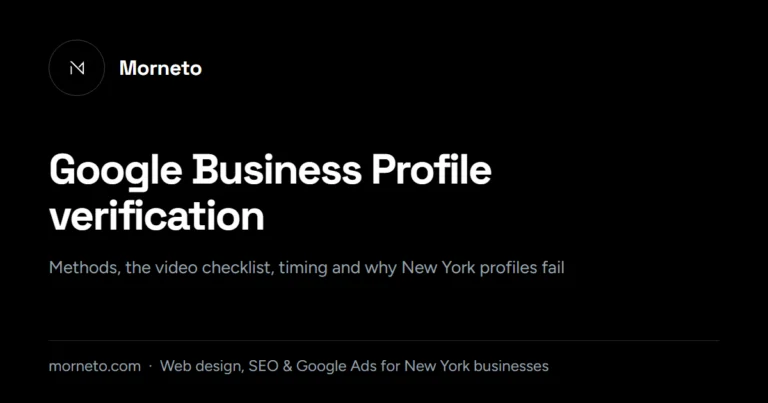 Google business profile verification guide card from Morneto, New York