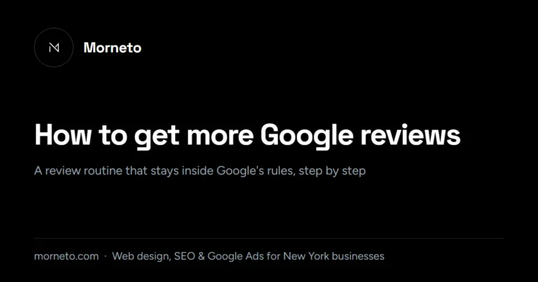How to get more Google reviews: guide card from Morneto, New York