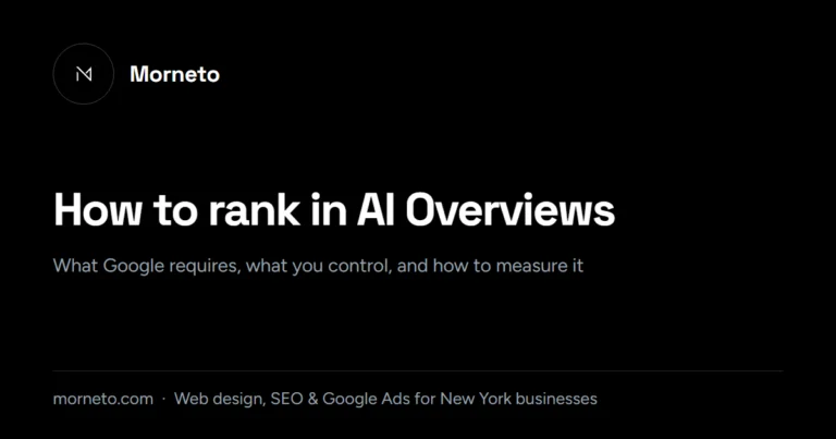 How to rank in AI Overviews: guide card from Morneto, New York
