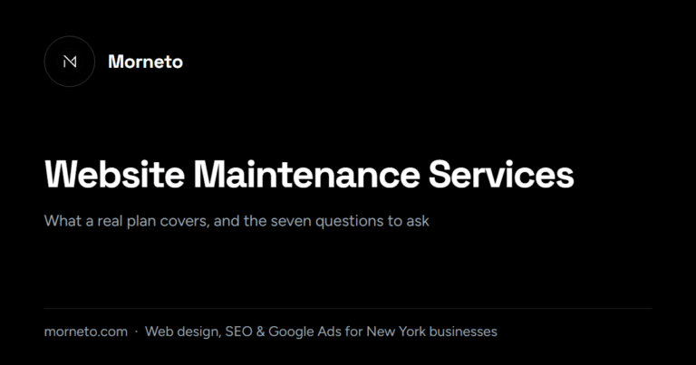 Website maintenance services guide card from Morneto, New York