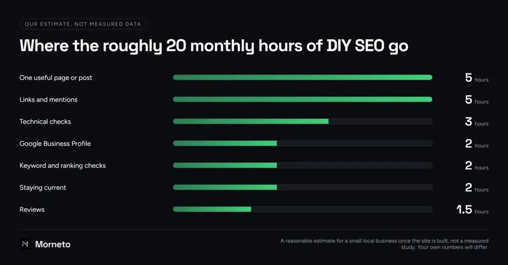 Where the roughly 20 monthly hours of DIY SEO go, by task, as an estimate