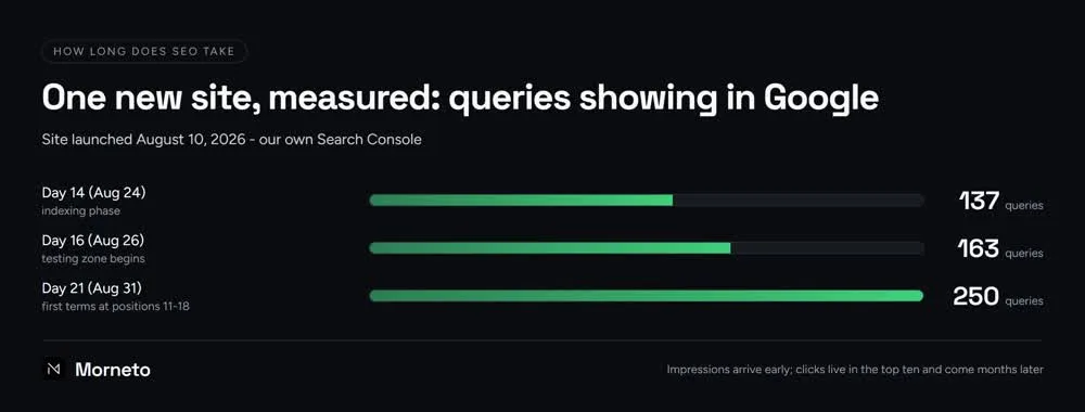 How long does SEO take: our own site measured, 137 to 250 queries in three weeks