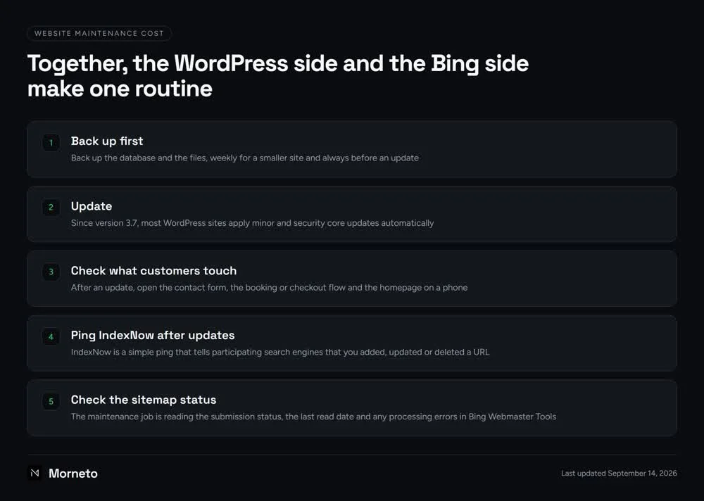 Website maintenance cost in time: back up, update, check, ping IndexNow and check the Bing sitemap status
