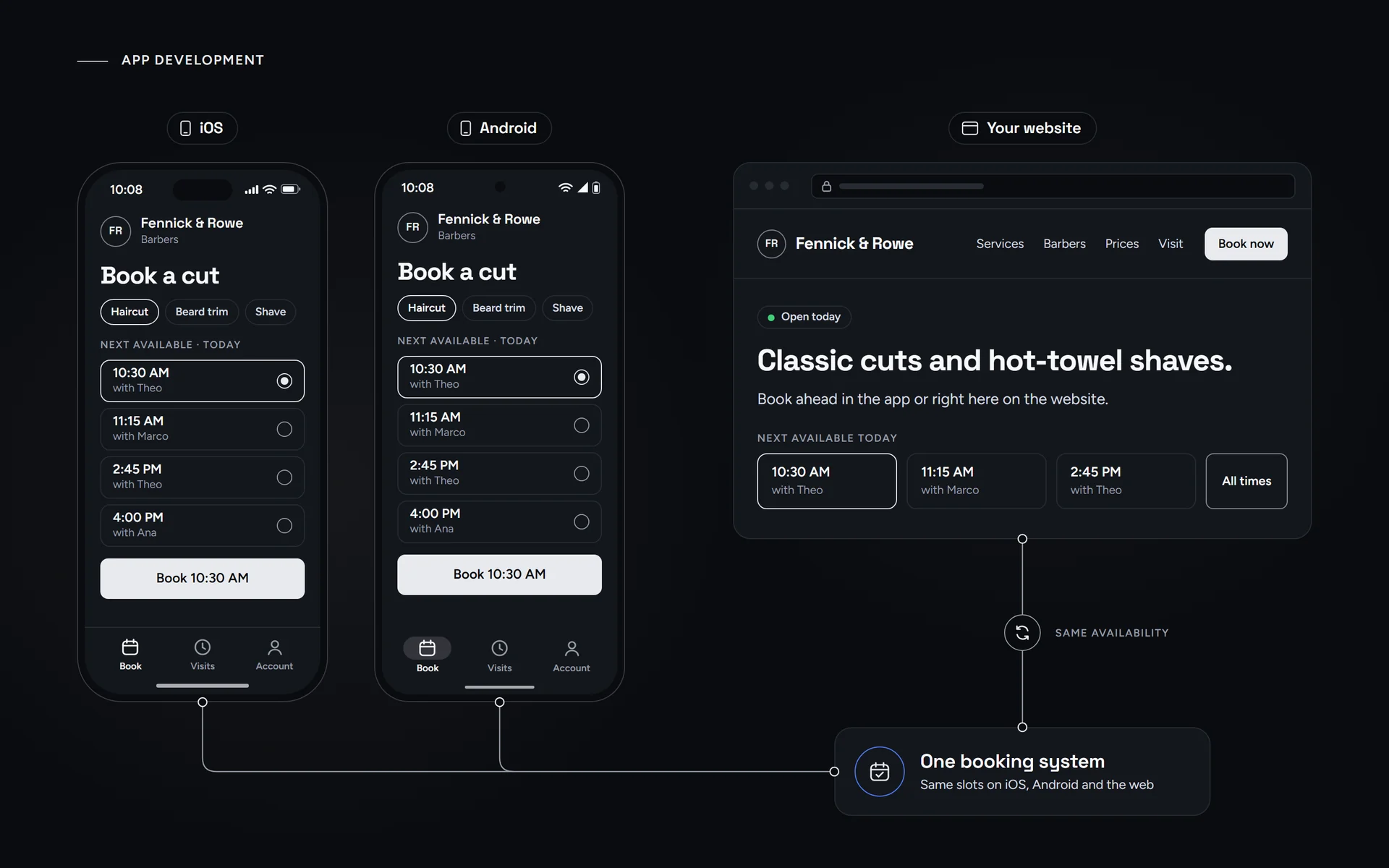 App development company New York illustration: one booking app on iPhone and Android, connected to the business website