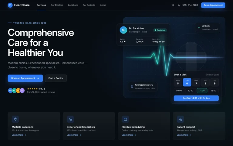 Dark healthcare homepage with a doctor card, a booking block, a heartbeat line and four service cards.