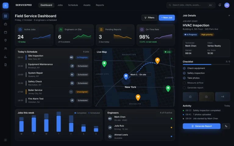 Dark field service dashboard with KPI cards, a day schedule, a map of New York and a job details panel.