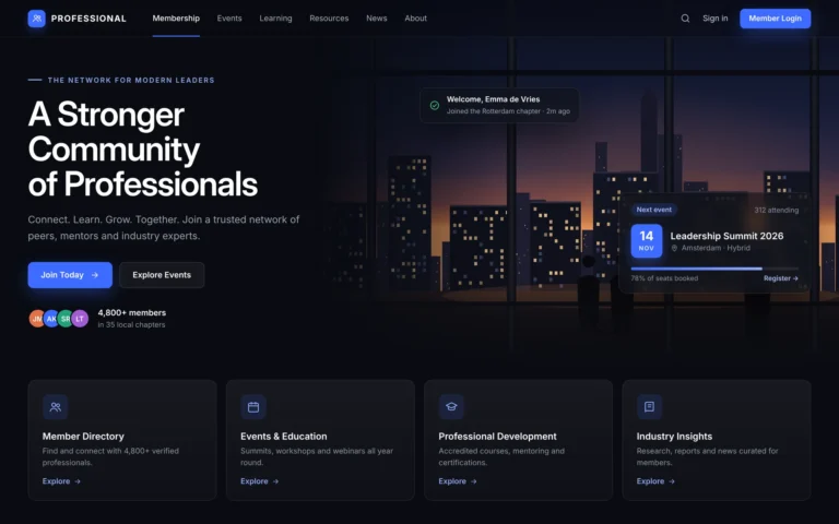 Dark membership site homepage web design for a professional association, with a dusk skyline, an event card and four service cards.