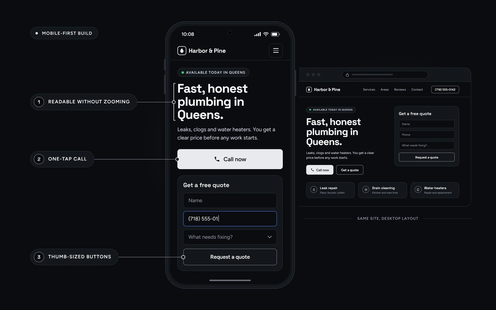 Mobile website design by Morneto: one responsive page laid out for a phone screen first