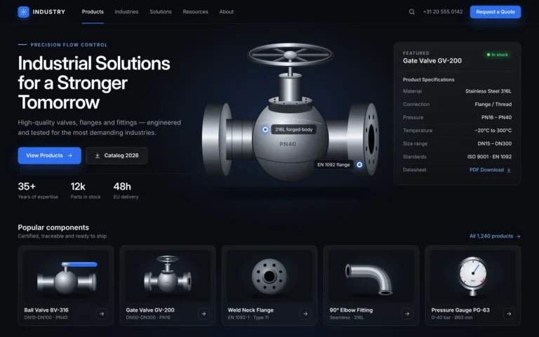 Dark product site homepage web design for an industrial supplier, with a steel valve, a specification card and a product row.